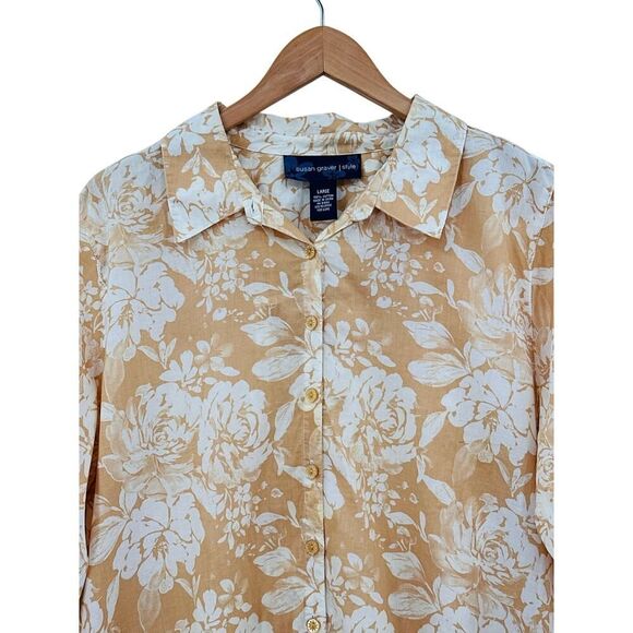 Susan Graver Style 100% Cotton Cream Floral Button Down Blouse Shirt Size Large - Picture 3 of 8